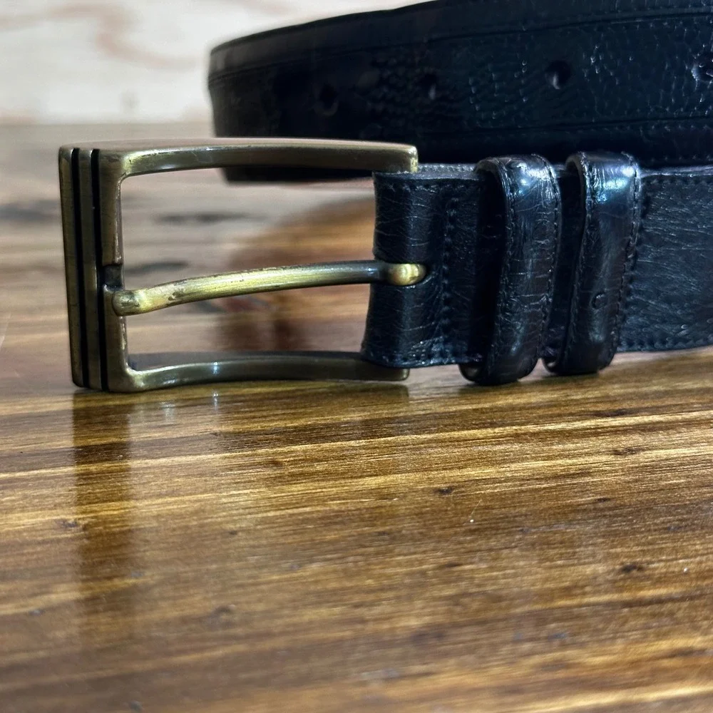 Avventura Mens Black Genuine Ostrich Leather Belt 38 Made in Spain Solid Brass